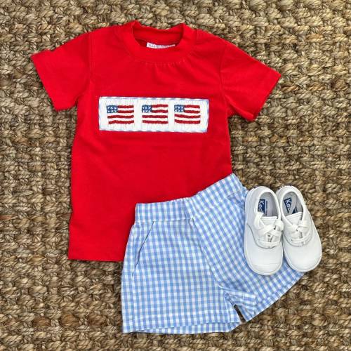 Flag Smocked Knit Shirt in Red! (shorts sold separately) Fourth of July, America 509 *A