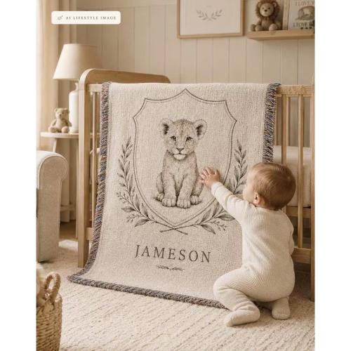 Lion Baby Blanket Personalized Newborn Woven Blanket Keepsake Safari Nursery Decor