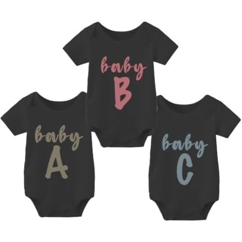 YSCULBUTOL 3-Pack Baby Triplets Bodysuits ABC Funny Infant Clothes Unisex Twin Outfits With Hat 0-12 Months