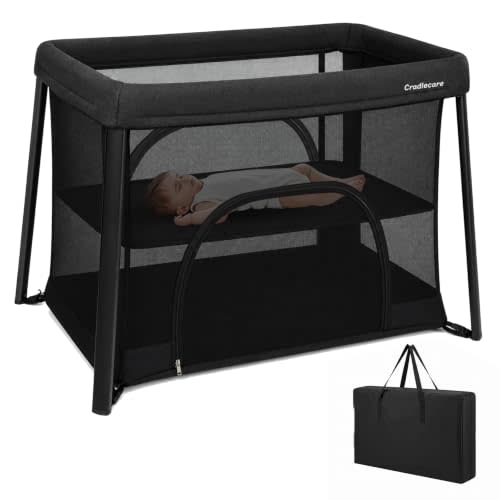 Travel Pack and Play with Bassinet, Portable Playpen for Baby | Foldable Baby Playard, Lightweight Compact Baby Bedside with Storage Bag, Double Zipper Door, Easy Setup, Black