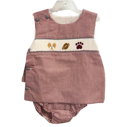 Maroon Gingham Spirit Trio Smock Boys Diaper Set by Krewe Kids