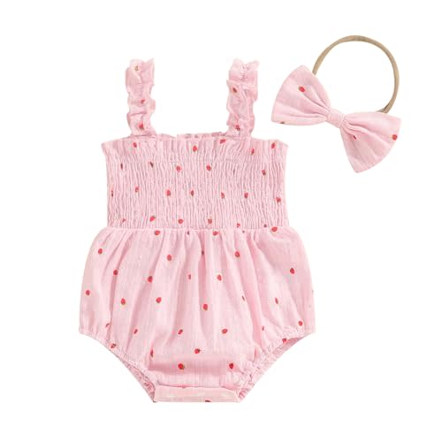 Infant Baby Girl Summer Outfit Clothes Sleeveless Smocked Cotton Linen Romper with Headband