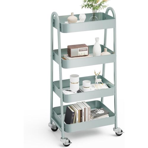 OLIXIS 4 Tier Utility Rolling Cart, Metal Mobile Storage Shelf with Lockable Caster Wheels, Organization for Livingroom, Bathroom, Kitchen, & Narrow Places, 4-Tier Green
