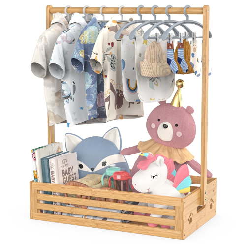 BAMBOOHOMIE Natural Bamboo Portable Baby Clothes Rack for Hanging Clothes Room