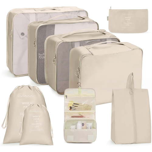 Packing Cubes 9 Set, Travel Packing Organizers with Large Toiletries Bag for Clothes Shoes, Beige