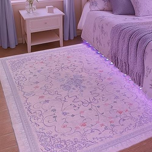 Pastel Purple Rug for Bedroom Dorm Kids Play Room - Light Lavender Blue Pink 5x7 Washable Whimsical Fairy Bow Floral Fun Area Rug for Girls Room Nursery Toddler