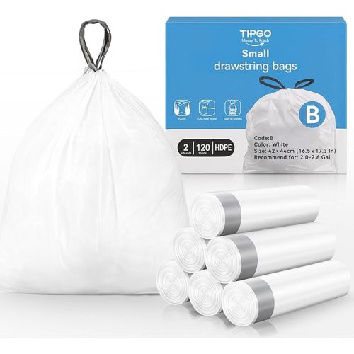 TIPGO Small Trash Bags Drawstring 2 Gallon, Pre-Cut Mini Garbage Bags for 2.0-2.6 Gallon Trash Bins, 120 Count (Code B)