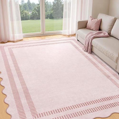 Pink Rugs for Living Room 8x10, Soild Machine Washable Area Rugs for Bedroom Girls, Non Slip Ultra-Thin Low-Pile Carpet for Playroom Nursery Kids Room