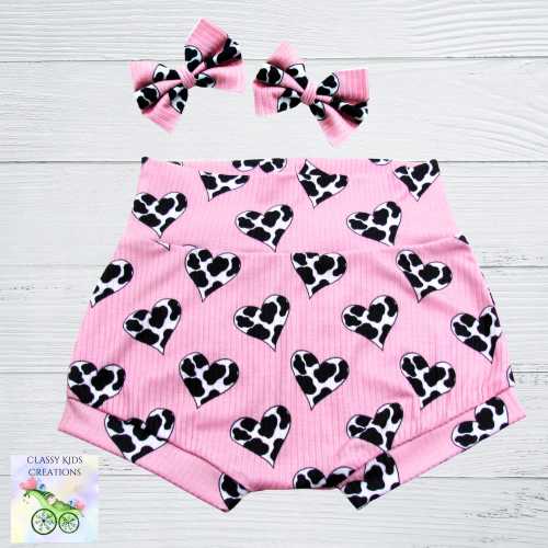 Pink Cow Print Hearts Bummie Shorts and Matching Bow Set