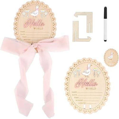 Hello World Newborn Sign, Double Sided Newborn Welcome Sign Wooden She's Here Baby Announcement Board New Birth Name Plaque with Pen & Stand for Nursery Decor Photo Props Baby Shower Keepsake