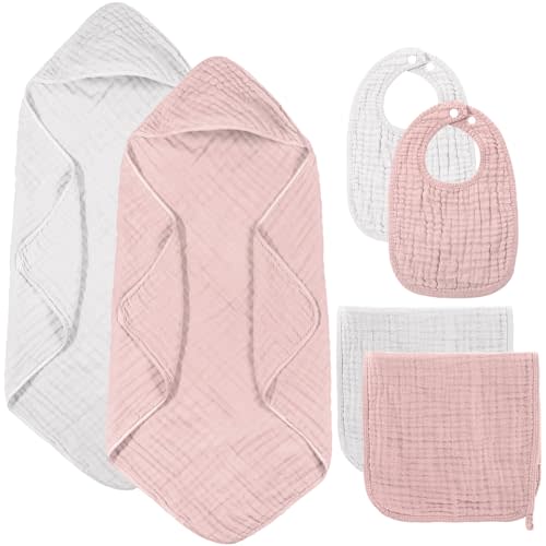 Hahafelt 6 Pcs Muslin Hooded Bath Towels Washcloths and Bibs Set, Muslin Cotton Baby Towels Absorbent Hooded Blanket Towel Infant Bibs for Boys Girls Newborn Infant Essentials(Pink, Light Pink)