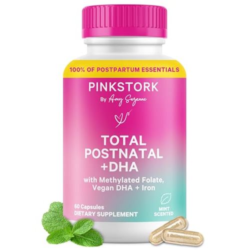 Pink Stork Total Postnatal Vitamins for Women | Vegan DHA, Iron, Folate, B12 | Postpartum Recovery Essentials | Lactation Support for Breastfeeding Moms | Third-Party Tested - 60 Capsules, Mint