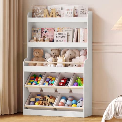 Pipleo 55" H Kids Toy Storage Organizer with Bookshelf and 6 Removable Toy Bins, 5-Tier Toy Organizers with Stuffed Animal Storage for Nursery, Kids Room, Playroom, Bedroom (White)