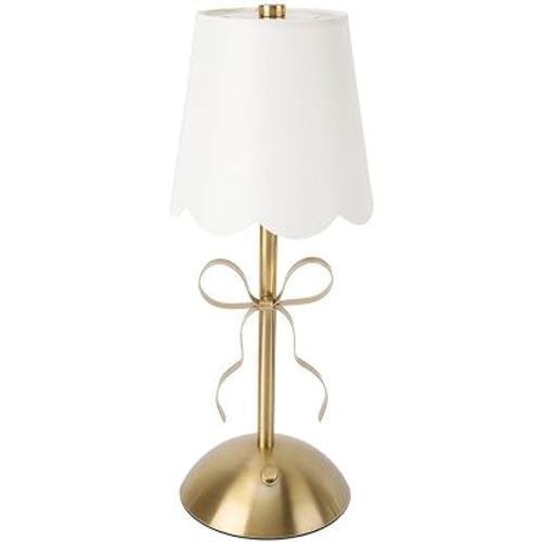 Gold Bow Table Lamp, Cordless LED Table Lamp with Fabric Shade, Touch Switch, Stepless Dimmable, Metal Rechargeable Bedside Light for Room Decor, Bedroom, Restaurant