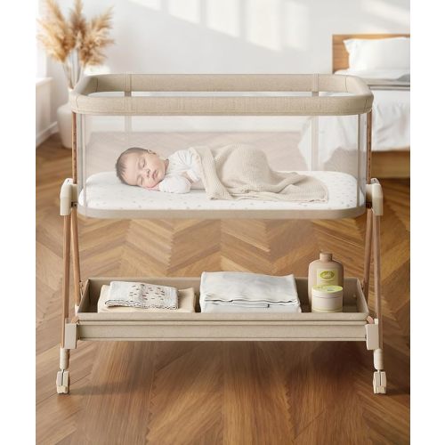 Fodoss Baby Bassinets Bedside Sleeper - Beige Tweed + Wood Grain 3-in-1 Baby Bassinet with Wheels, Soft Mattress, Storage Tray, Full-Mesh Sides, 7-Height Adjustable Crib for Newborns