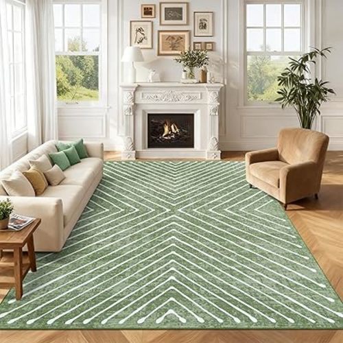 Washable Area Rug 8x10 – Modern Geometric Low Pile Rug with Non-Slip Backing, Soft Neutral Carpet for Living Room, Bedroom, Dining Room & Home Office Green