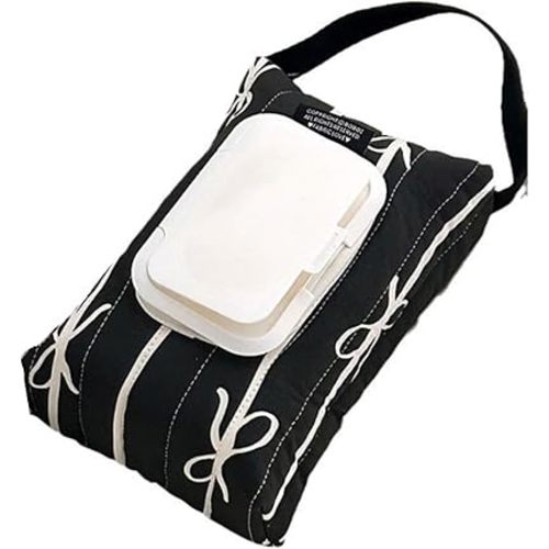 Travel Friendly Wet Wipe Storage Case Quilted Sturdy Cotton Storage Bag With Fashionable Stripe And Bowknot Detail, Black