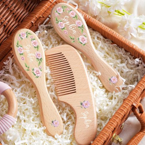 Personalized Wooden Baby Brush, Custom Name Keepsake, Floral Baby Shower Gift
