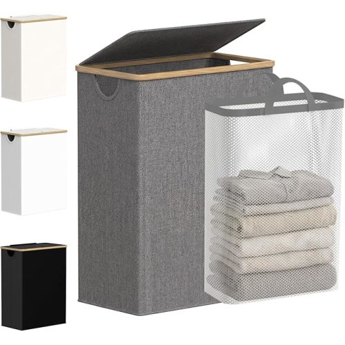 efluky Slim Laundry Basket with Lid, Narrow Laundry Hamper with Removable Bag, Skinny Dirty Clothes Basket with Bamboo Handles for Bathroom, Bedroom & Laundry Room, 65L Grey