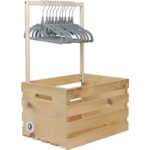 3 Stories Trading Company Natural Pine Baby Shower Wardrobe Crate with 10 Flocked Clothes Hangers (Gray)