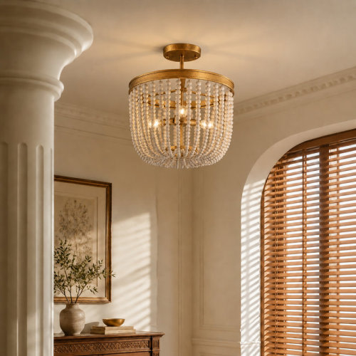 Dakota Fields 3-Light Boho Farmhouse Semi Flush Mount Ceiling Light With Handcrafted Distressed Wood Beads | Wayfair