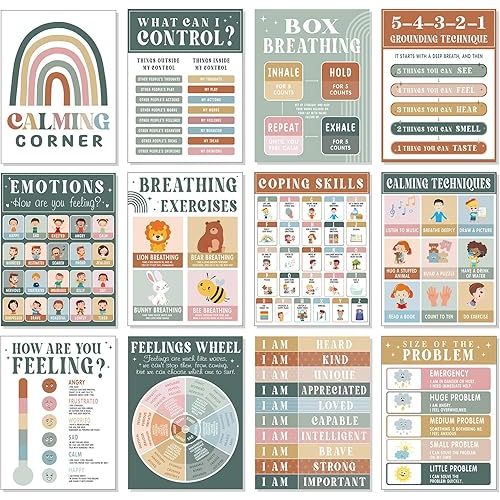12 Pcs Modern Boho Calming Corner Classroom Posters Calm Down Corner Feelings Chart Mental Health Educational Posters Emotions Coping Skills Chart for Kindergarten School Psychology Education