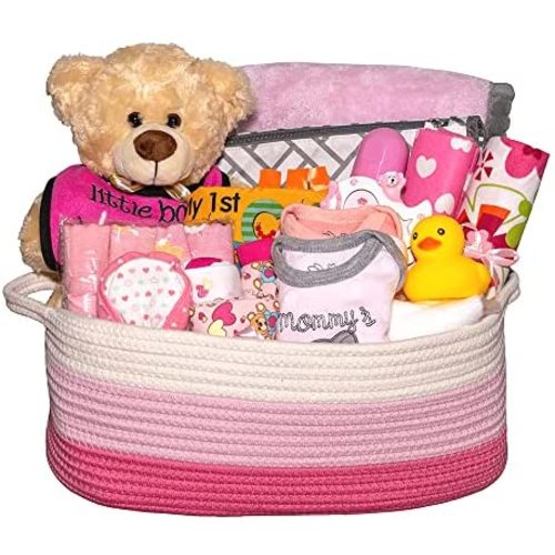 Bundle of Joy Deluxe Baby Girl Gift, Newborn Gift Set, Baby Layette Set with 25-Piece New Baby Essentials, Baby Gift Basket for Expecting Moms and New Parents, Pink - Nikki’s Gift Baskets