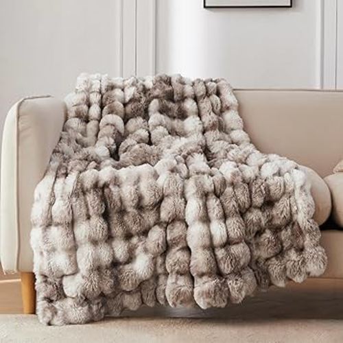COOVA Faux Fur Throw Blanket for Couch, Cozy Soft and Fuzzy Plush Rabbit Fur Bubble Blanket for Sofa Bedroom Living Room, 50x60 Inches Tie Dye Brown