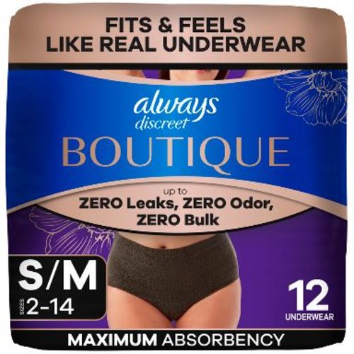 Always Discreet Boutique Adult Postpartum Incontinence Underwear for Women - Black - S/M - 12ct