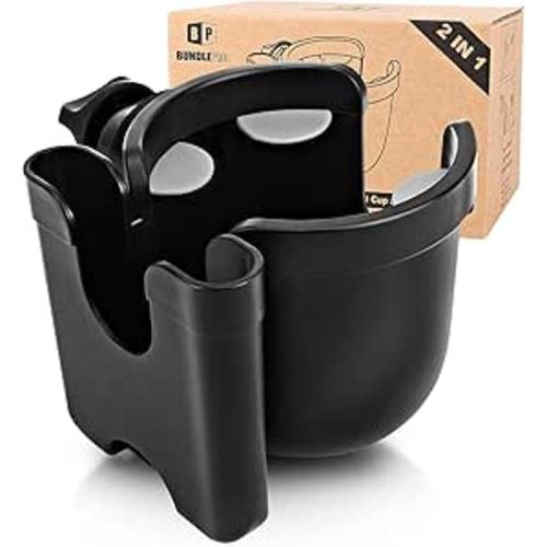 Universal Stroller Cup Holder with Mobile Phone Case, 2-in-1 Strollers Storage Rack, 360 Degrees Rotation Drink Holder for Bike, Pushchair, Wheelchair, Walker,Bicycle, Fits Most Cups