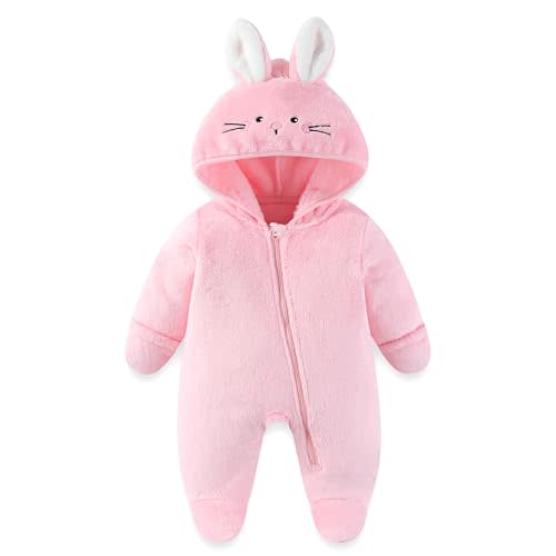 JiAmy Baby Fleece Snowsuit Cute Bear Romper Newborn Winter Jumpsuit Hooded Warm Coat with Fold-over Mittens Footies