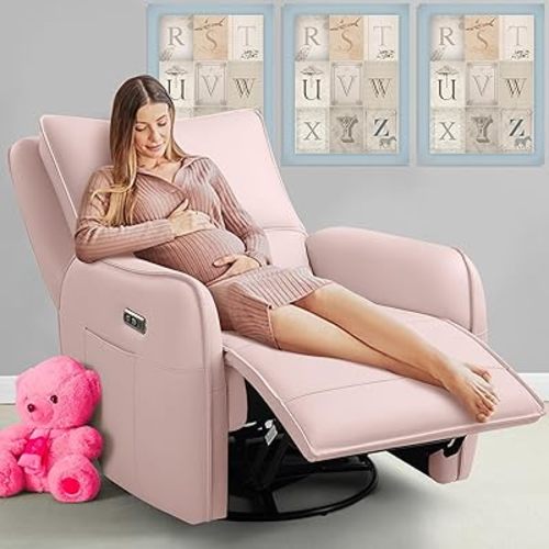 Power Recliner Gliders for Nursery, Electric Swivel Rocker Recliner Chair, Comfy Upholstered Living Room Reclining Rocking Chairs with Lumbar Support (Pink, 41" X 40" X 36")