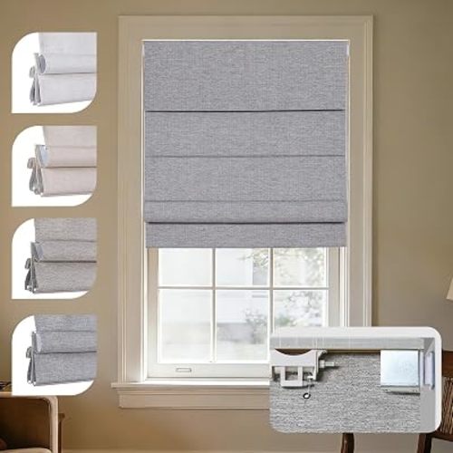 Persilux No Tools No Drill Blackout Roman Shades for Indoor Windows Cordless, Pull Down Linen Fabric Roman Blinds UV Protection, Privacy Window Shades for Bedroom,Blackout-Grey,Custom Size