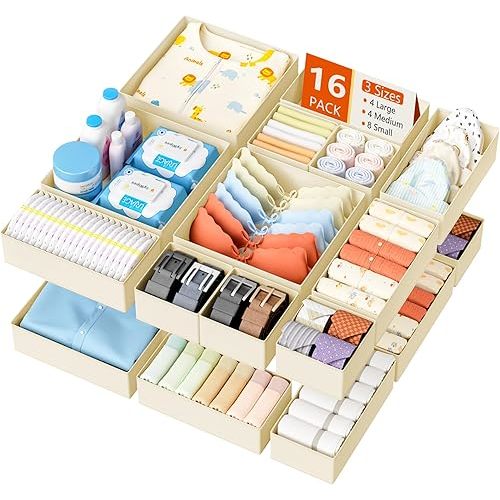 DIMJ Drawer Organizer Clothes - 16 Pack Baby Dresser Organizer for Nursery, Foldable Drawer Organizer Bins for Closet Bedroom Organization, Fabric Clothes Storage Dividers for Underwears, Socks, Bras