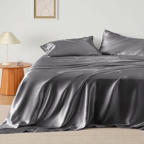 21-Momme 100% Mulberry Silk Premium Fabric with Smooth Finish, Soft Feel and Long-Lasting Quality, Sheet Set, 4 Pcs Silky Bedding Set with 12 Inches Deep Pocket Queen Size, Set, Dark Grey