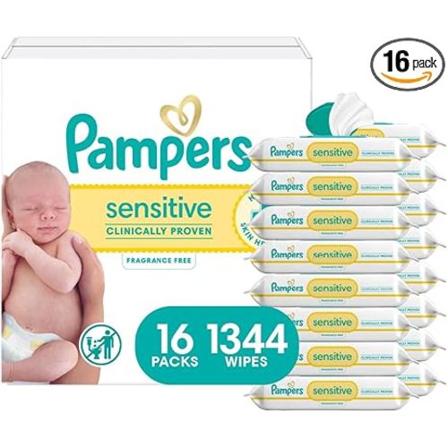 Pampers Baby Wipes, Sensitive, Water Based Wipe, Clinically Proven, Hypoallergenic, and Unscented for Babies, 1344 Wipes Total (16 Flip-Top Packs) [Packaging May Vary]