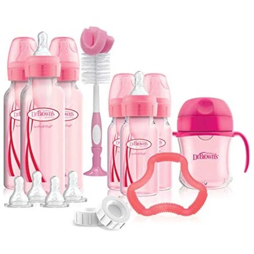 Dr. Brown's Options+ Baby Bottles Pink Gift Set with Silicone Teether, Pink Sippy Cup, Pink Bottle Brush and Travel Caps, Includes 6 Narrow Pink Baby Bottles