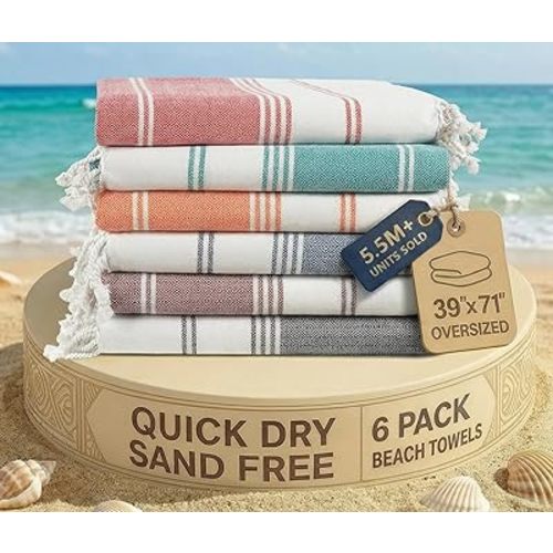 LANE LINEN 6-Pack Oversized Pre-Washed Beach Towels, Stylish Quick-Dry Pool & Travel Towels for Adults, 39"x71" - Diamond Multi Colors