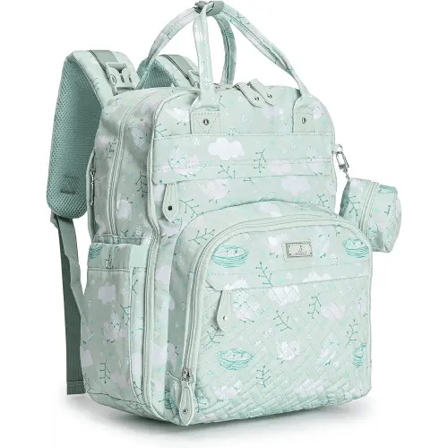 BabbleRoo Diaper Bag Backpack - Baby Essentials Travel Tote - Multi Function Water Resistant Diaper Bag, Travel Essentials Baby Bag with Changing Pad, Stroller Straps & Pacifier Case - Green Birdy
