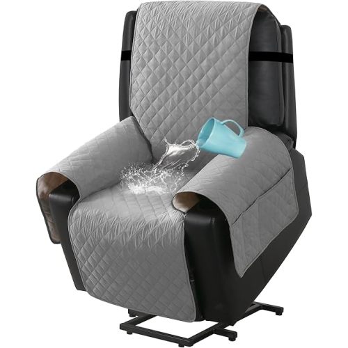 H.VERSAILTEX 100% Waterproof Recliner Cover Electric Power Lift Recliner Covers with Elastic Straps Washable Recliner Cover Fitted Standard Large Power Lift Recliner with Storage Pockets, Dovegray