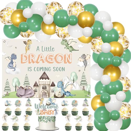JOYMEMO Hatching Soon Dragon Baby Shower Decorations - Watercolor A Little Dragon is Coming Soon Backdrop, Welcome Baby Cake Topper with Dragons Cupcake Toppers for Balloon Garland Arch Kit