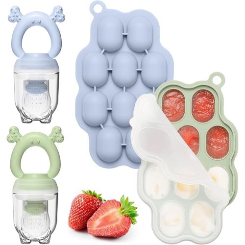 KingKam Baby Breastmilk Popsicle Molds & Baby Fruit Feeder (2 Pack), Baby Food Freezer Tray Storage Containers, Silicone Pacifier Feeder and Teether