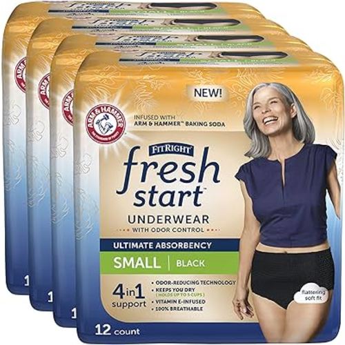 FitRight Fresh Start Incontinence and Postpartum Underwear for Women, Small, Black (48 Count) Ultimate Absorbency, Disposable Underwear with The Odor-Control Power of ARM & HAMMER