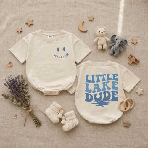 Personalized Little Lake Dude Romper, Custom Name Retro Smile Face Baby Bodysuit, Lake Summer Vacation Newborn Clothes, Baby Shower Gifts