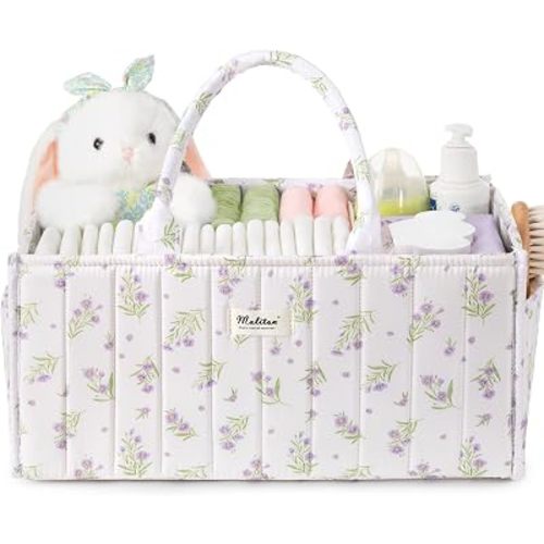 Maliton Diaper Caddy Organizer with 2 Side Pockets, Portable, Purple Floral