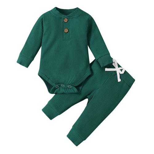 Baby Bodysuit Romper 2-Piece Set Ribbed Cotton Long Sleeve Solid Color Outfit for Newborn Infant Baby Boy Girl Fall Winter 0-12M
