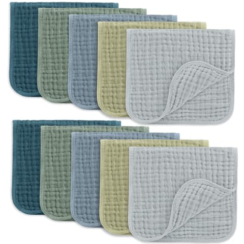 Comfy Cubs Muslin Burp Cloths 20" x 10", Pack of 10 - Large, 6-Layer, Ultra Absorbent 100% Cotton for Baby Drool and Messes - Soft, Safe & Gentle Baby Burp Cloths for Boys & Girls - Multi Boy