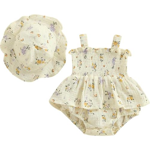 Mubineo Baby Girl Clothes Summer Dress Cotton Linen Romper Sleeveless Smocked Rompers Sun Dress Hat Skirt Boho Outfits