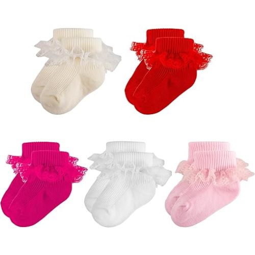 MKYSZLT Baby Girl Ruffle Socks Eyelet Double Lace Turn Cuff Ankle Frilly Dress Socks for Newborn/Infant/Toddler/Little Kids
