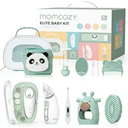 Momcozy Elite Baby Kit, Superior Baby Shower Gift & Registry Essential Kit | Grooming&Health&Cleansing Care Set,Electric Nail File & Nasal Aspirator,Tummy Wrap,Thermometer,Bath Brush,Teether,Storage Bag